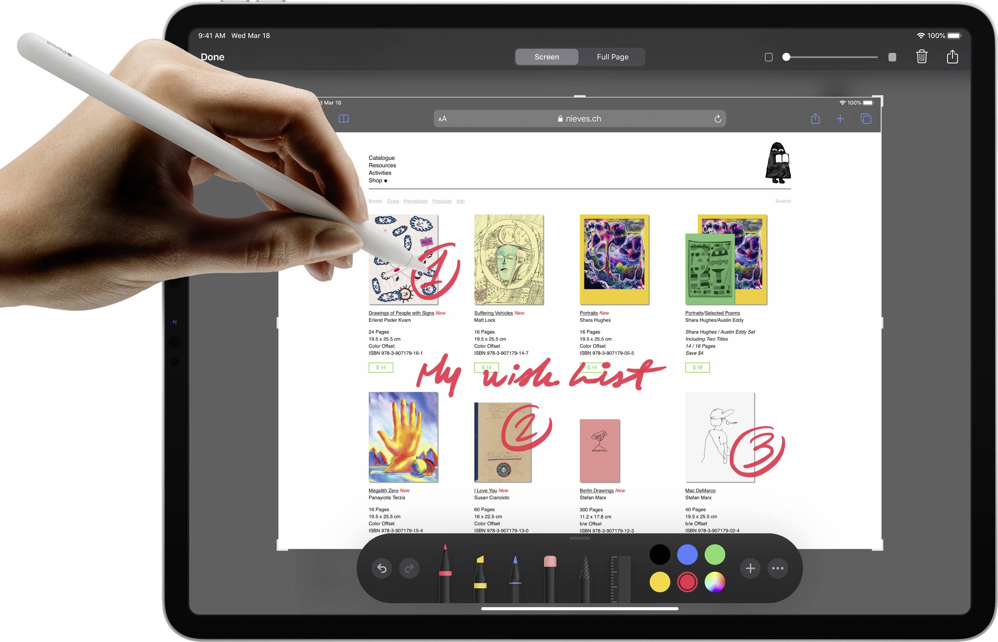 A person holds a digital pen over a tablet, marking products on a shopping page with notes. The text 'My Wish List' is visible.