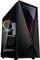 Black PC case with glass front. Illuminated fan in rainbow colours and geometric LED strips visible inside.