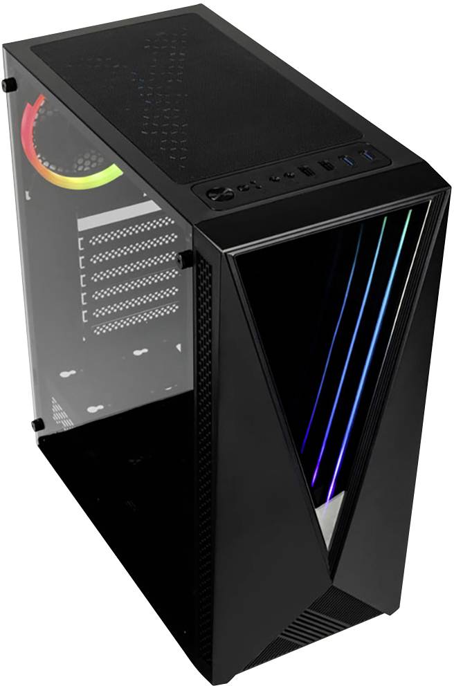 Black computer case with transparent side panel, illuminated fan, and vertical LED strips on the front.