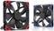 Two black computer fans, each with four rotor blades, red and blue frames at the corners. Electrical plugs visible at the front.