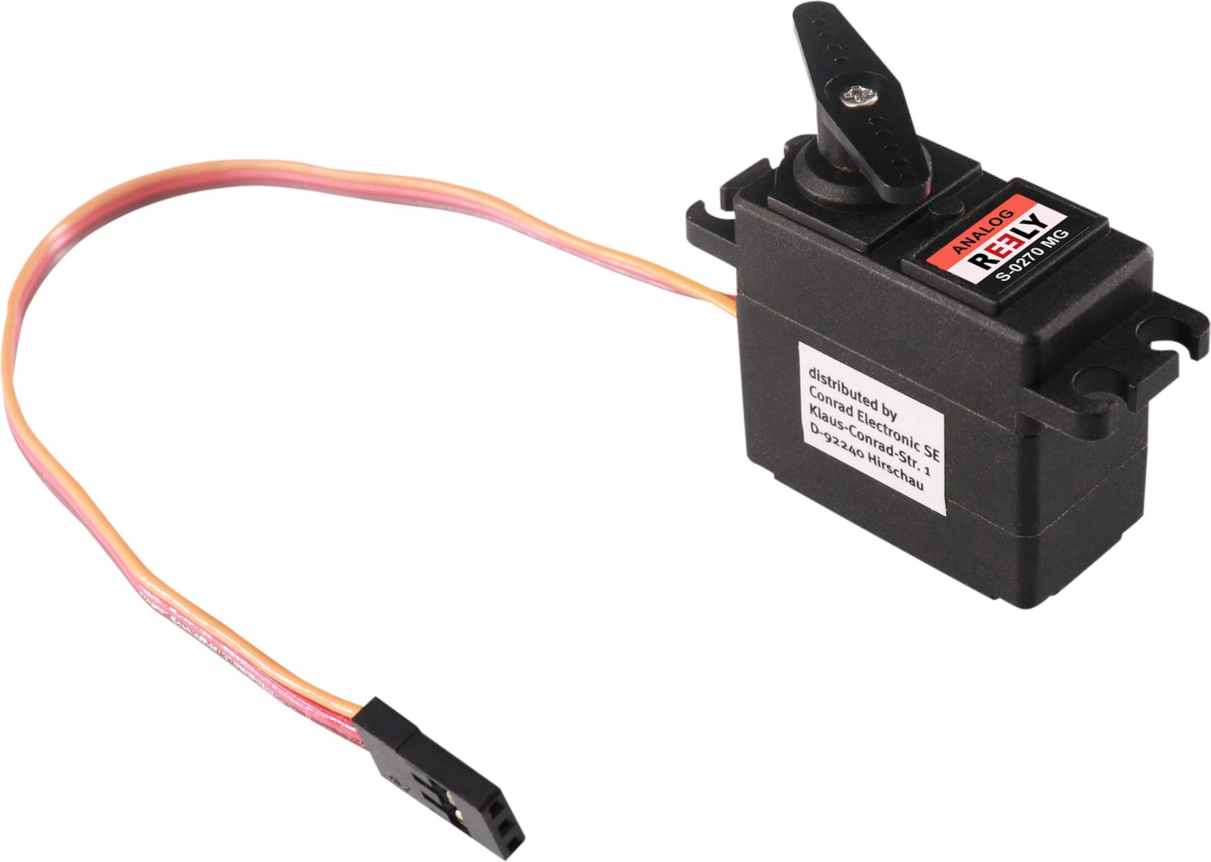 A black servo motor with an attached orange cable and plug. Label with technical details on the side.