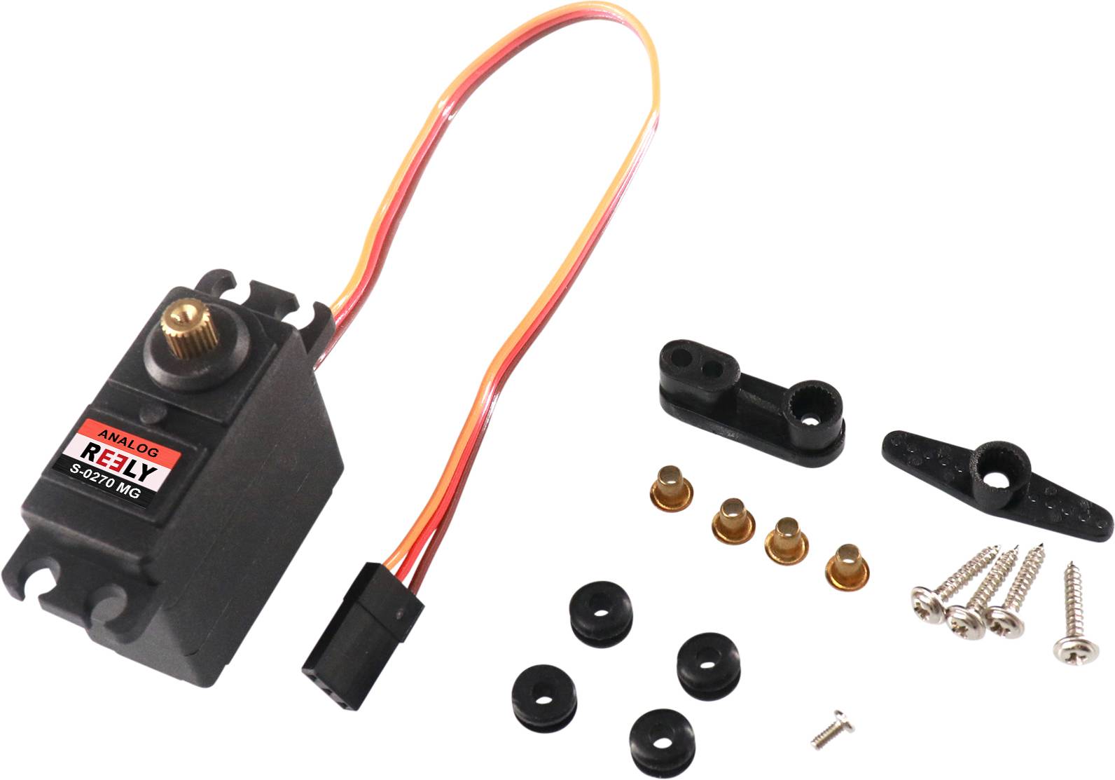 An analogue servo with cable and plug, alongside accessories such as levers, screws, and washers.