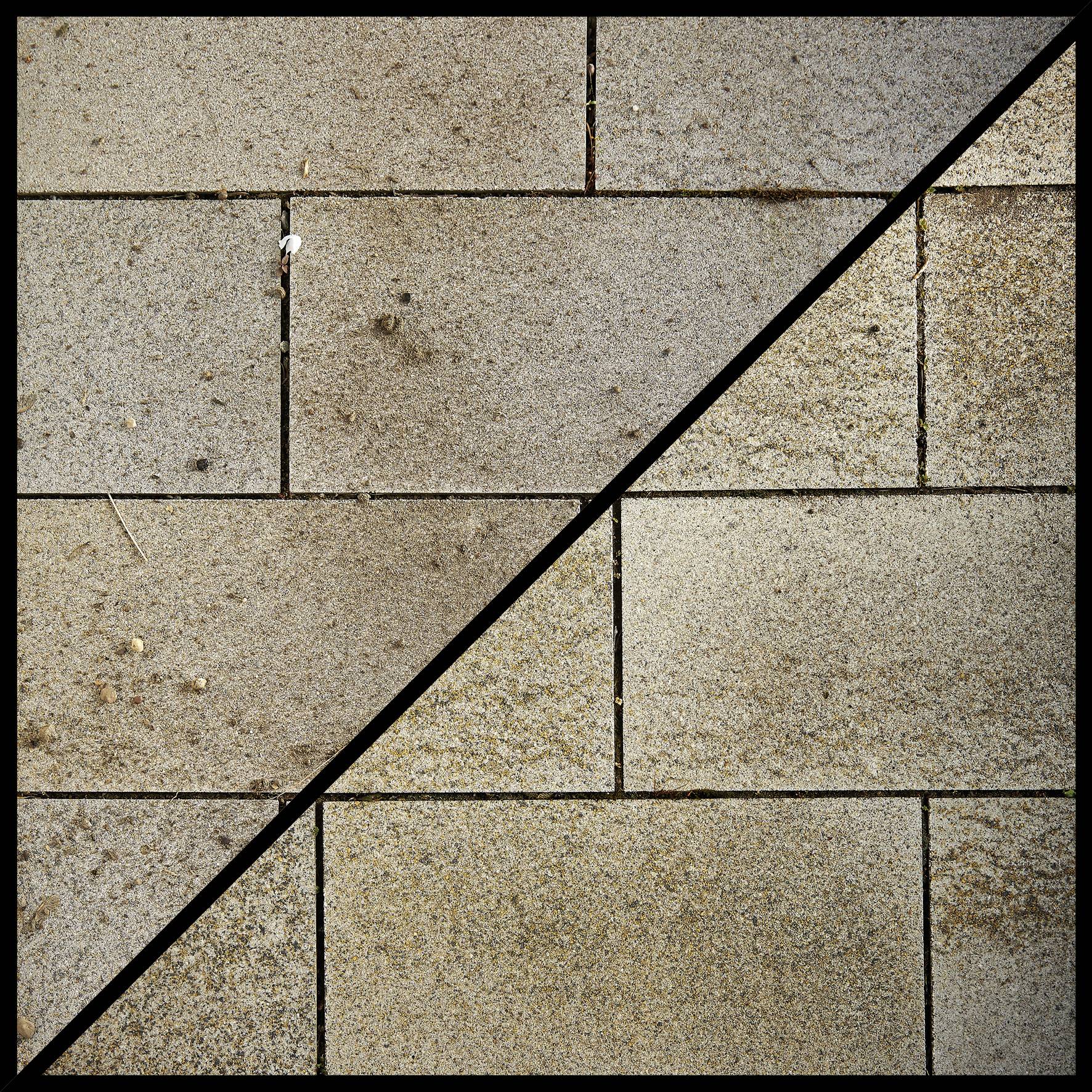 Two paved surfaces, with the left half dirty and the right half clean, demonstrating the cleaning effect.