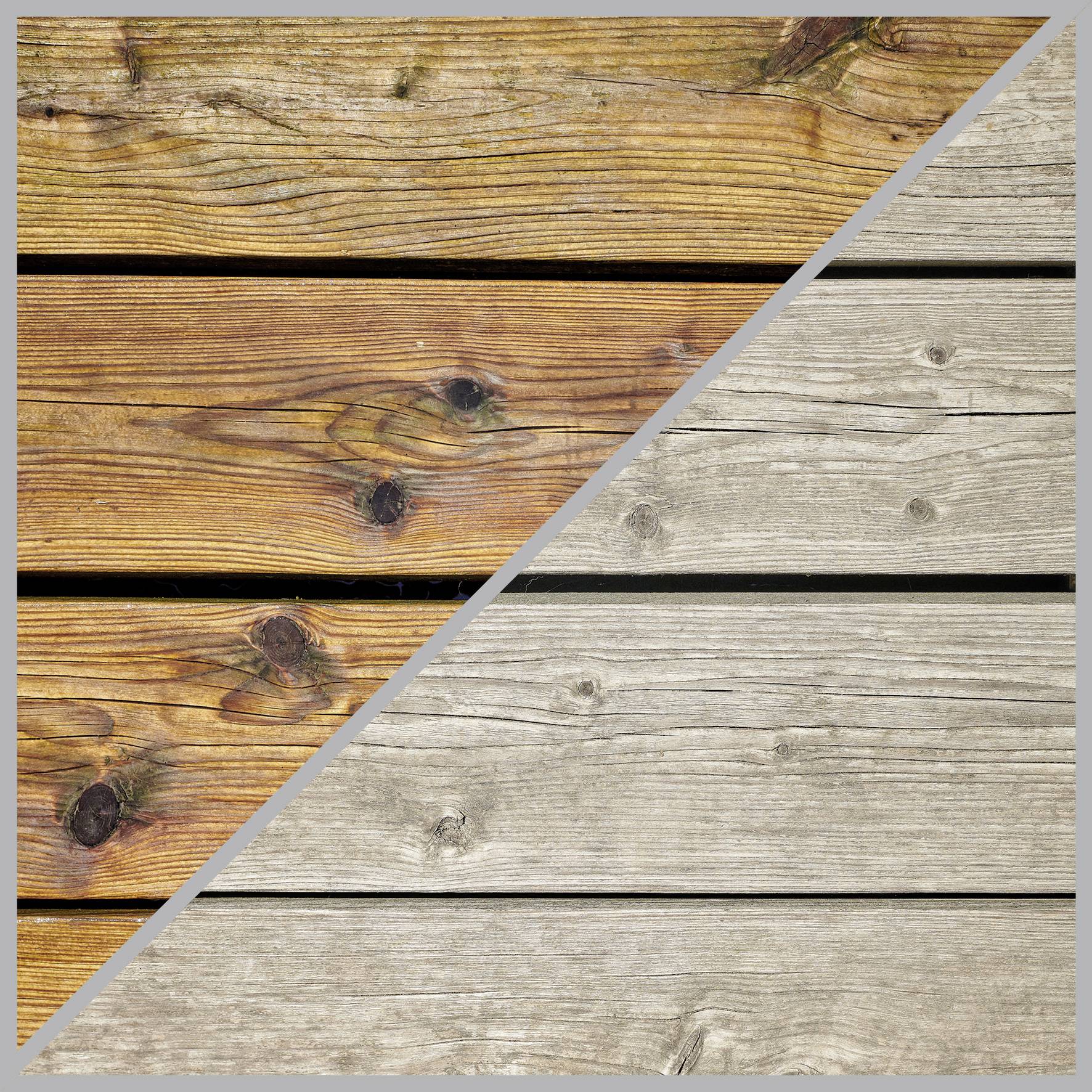 A diagonally split image shows new, warm wooden planks on the left and faded, weathered wooden planks on the right. Comparison of old and new.