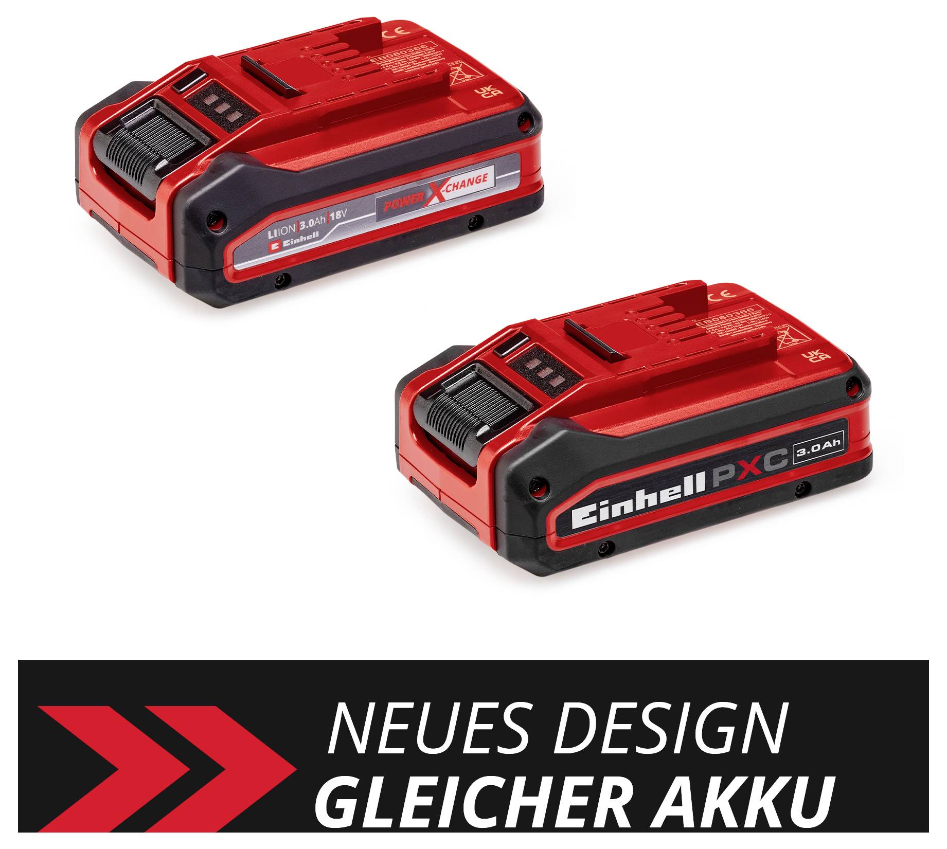 Two red Einhell batteries side by side. Text in the image: 'New design, same battery'. Battery specifications are visible.