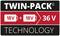 'Graphic shows: TWIN-PACK Technology. Two 18V batteries combined result in 36V.'