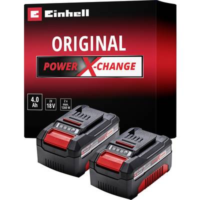 Four Einhell PX-C batteries, black with red design, arranged side by side in two pairs. Each battery displays an LED charge level indicator.