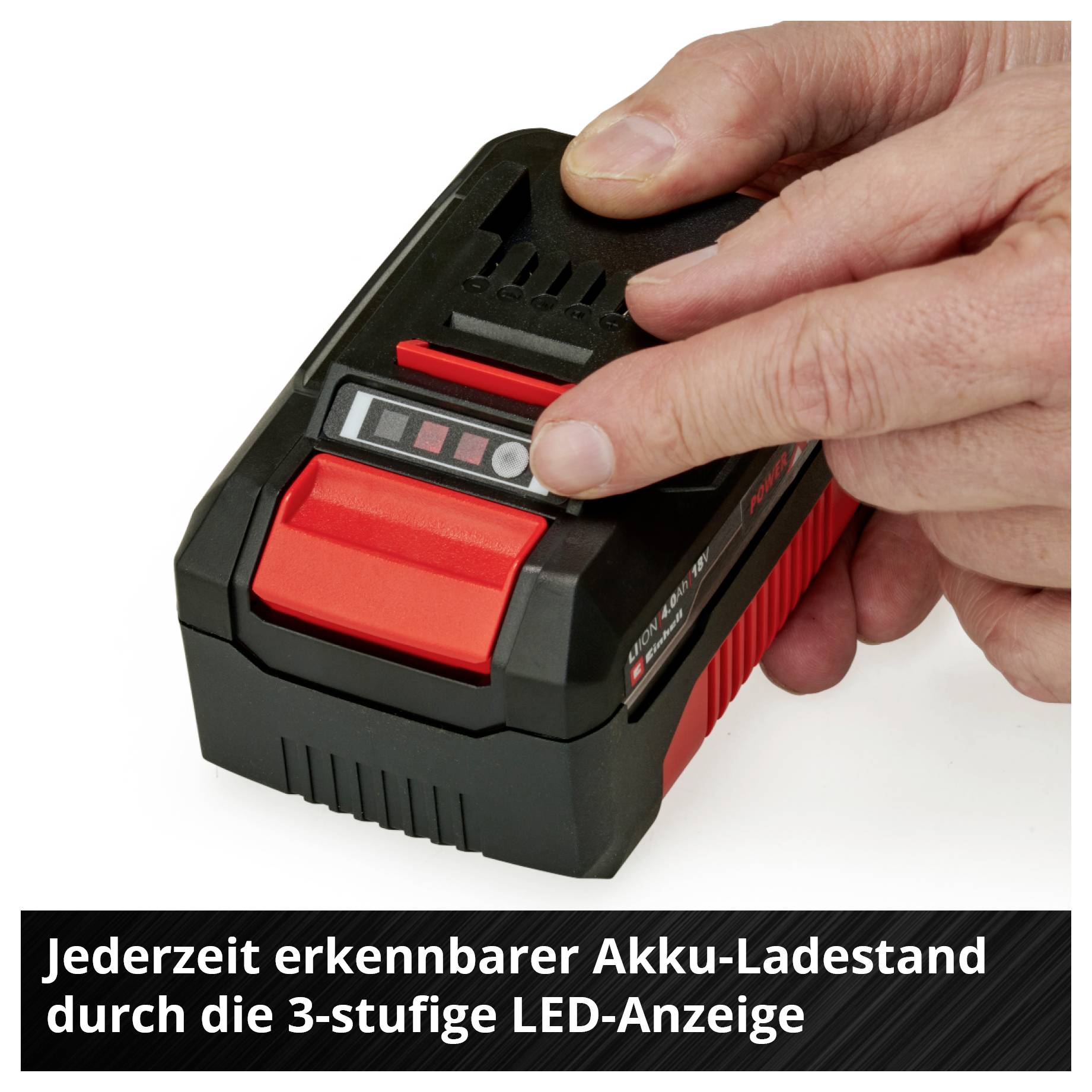 Rechargeable battery charger with hand showing 3-stage LED indicator for charge status. Text underneath: 'Battery charge level detectable at any time'.