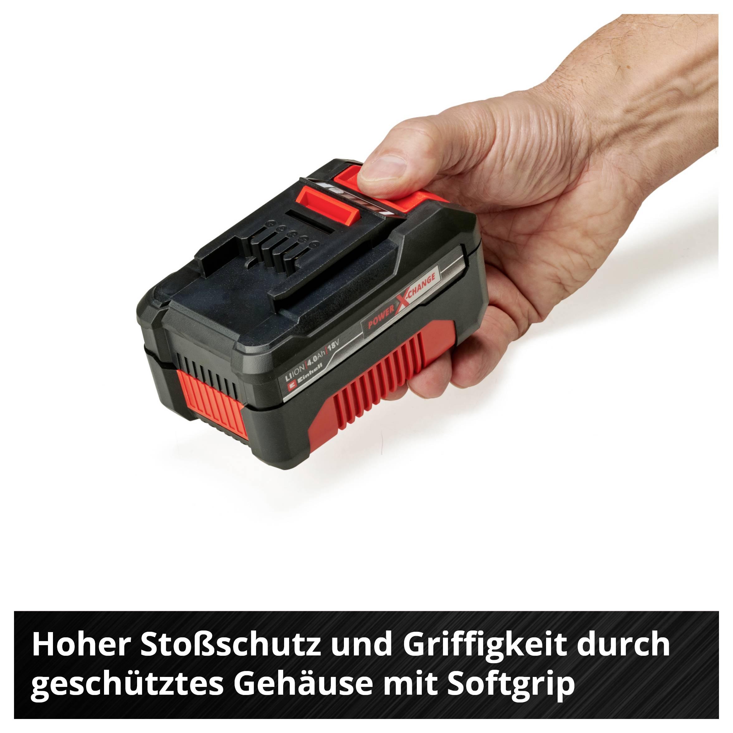 A hand is holding a battery, underneath which it reads: 'High impact protection and grip through protected casing with soft grip'.