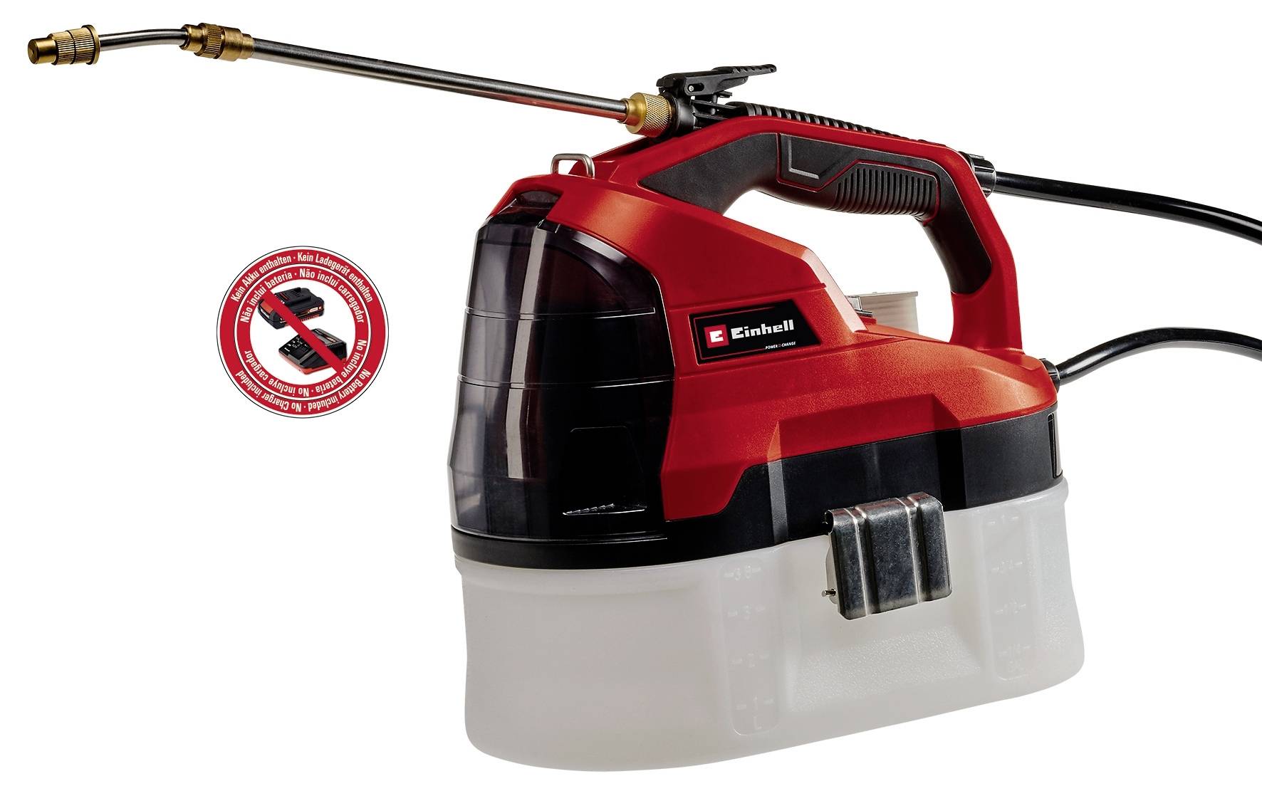 Portable battery-powered spray device with red housing and extended spray lance, suitable for gardening and cleaning tasks.