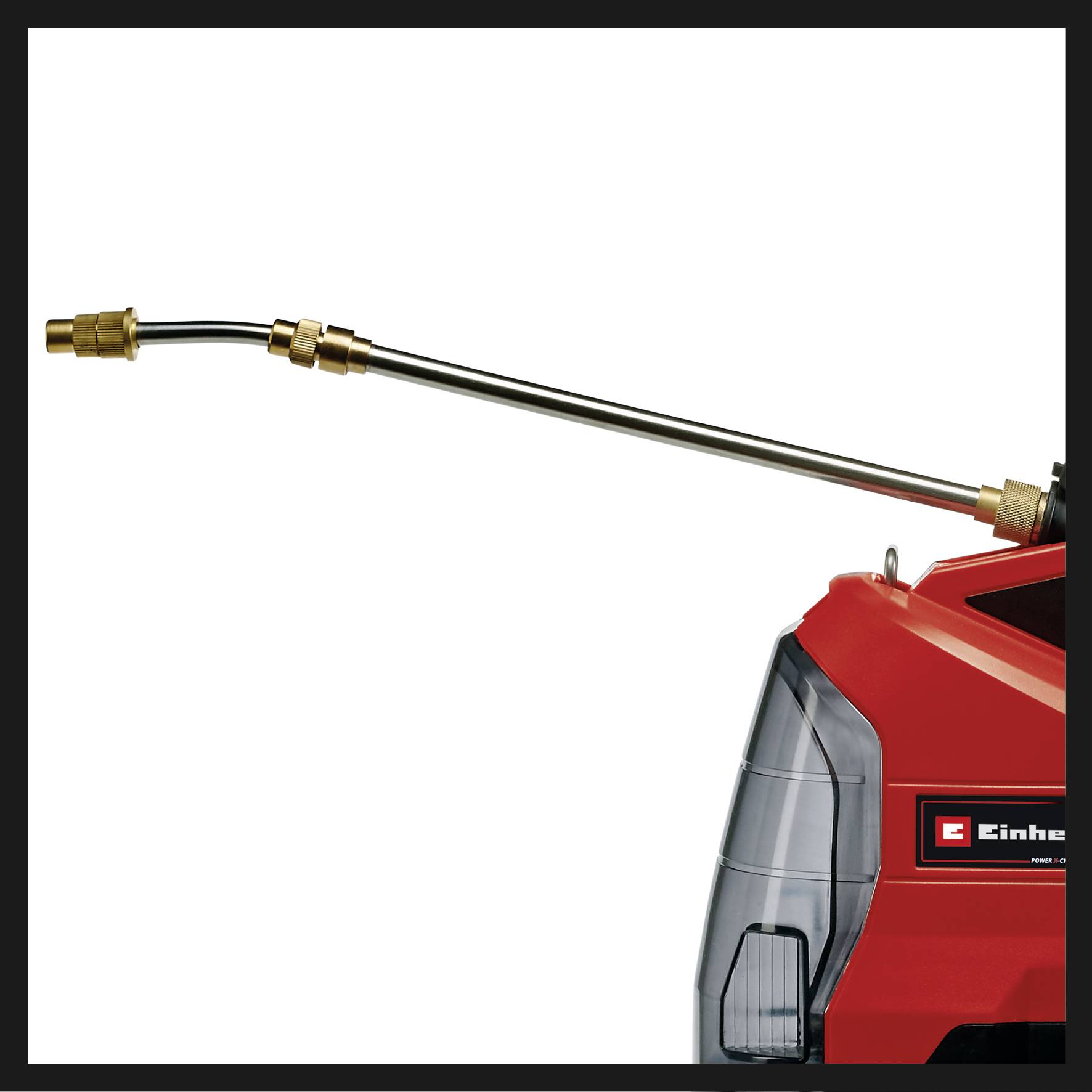 A red high-pressure washer with a long metal lance and nozzle, ideal for efficient cleaning with a powerful water jet.