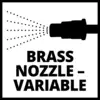 'BRASS NOZZLE - VARIABLE' in black text in front of spray nozzle icon. Text illustrates variable brass nozzle mechanism.