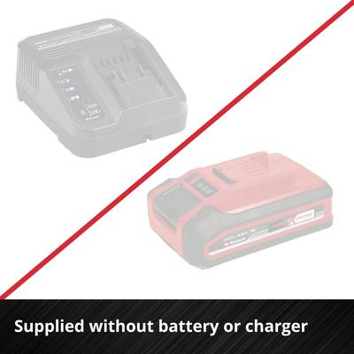 'Battery and charger sold separately.' Charger is on the left, battery pack on the right. Products are diagonally separated.