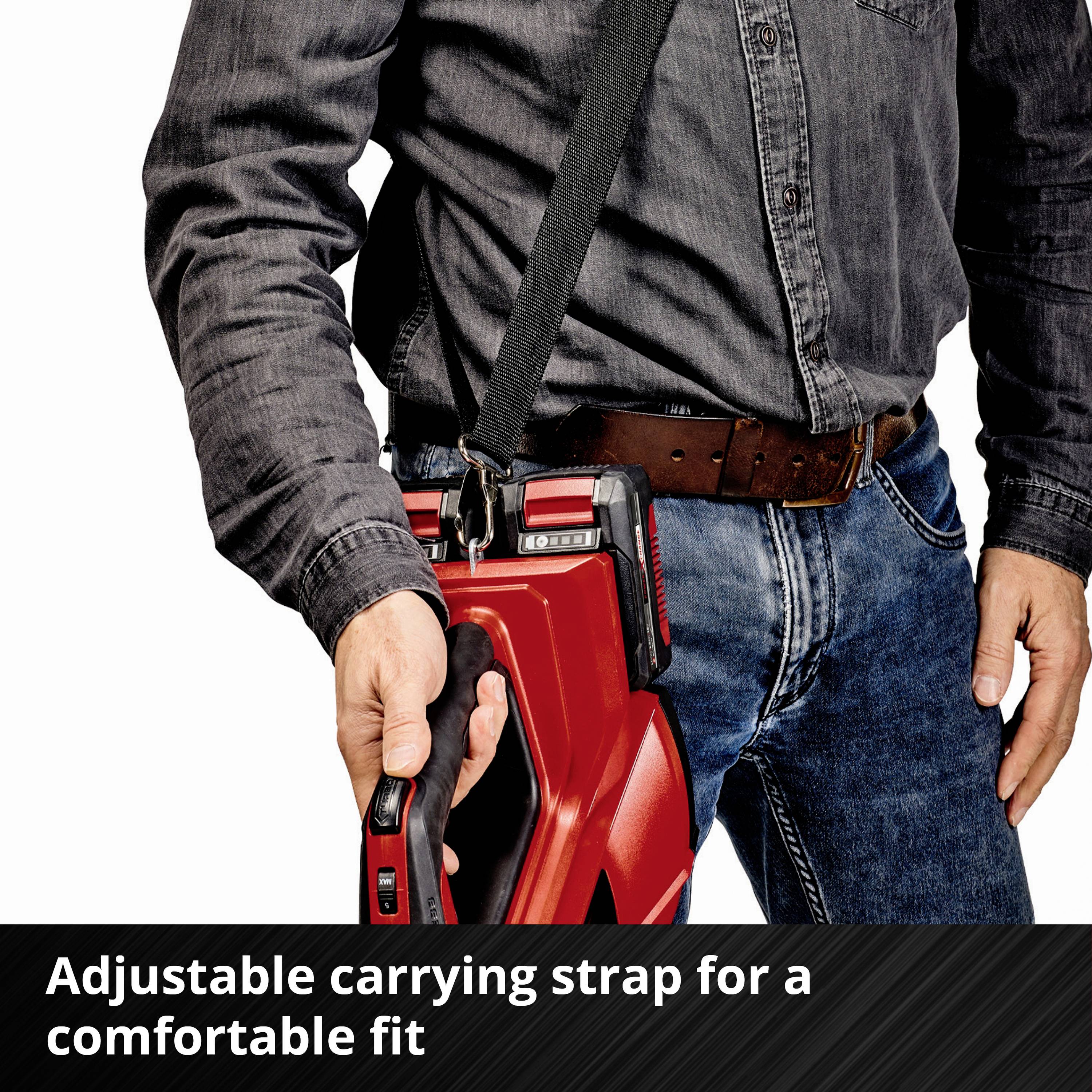 'Person wearing safety belt. Text: Individually adjustable belt for comfortable wear, double hook for enhanced safety.'