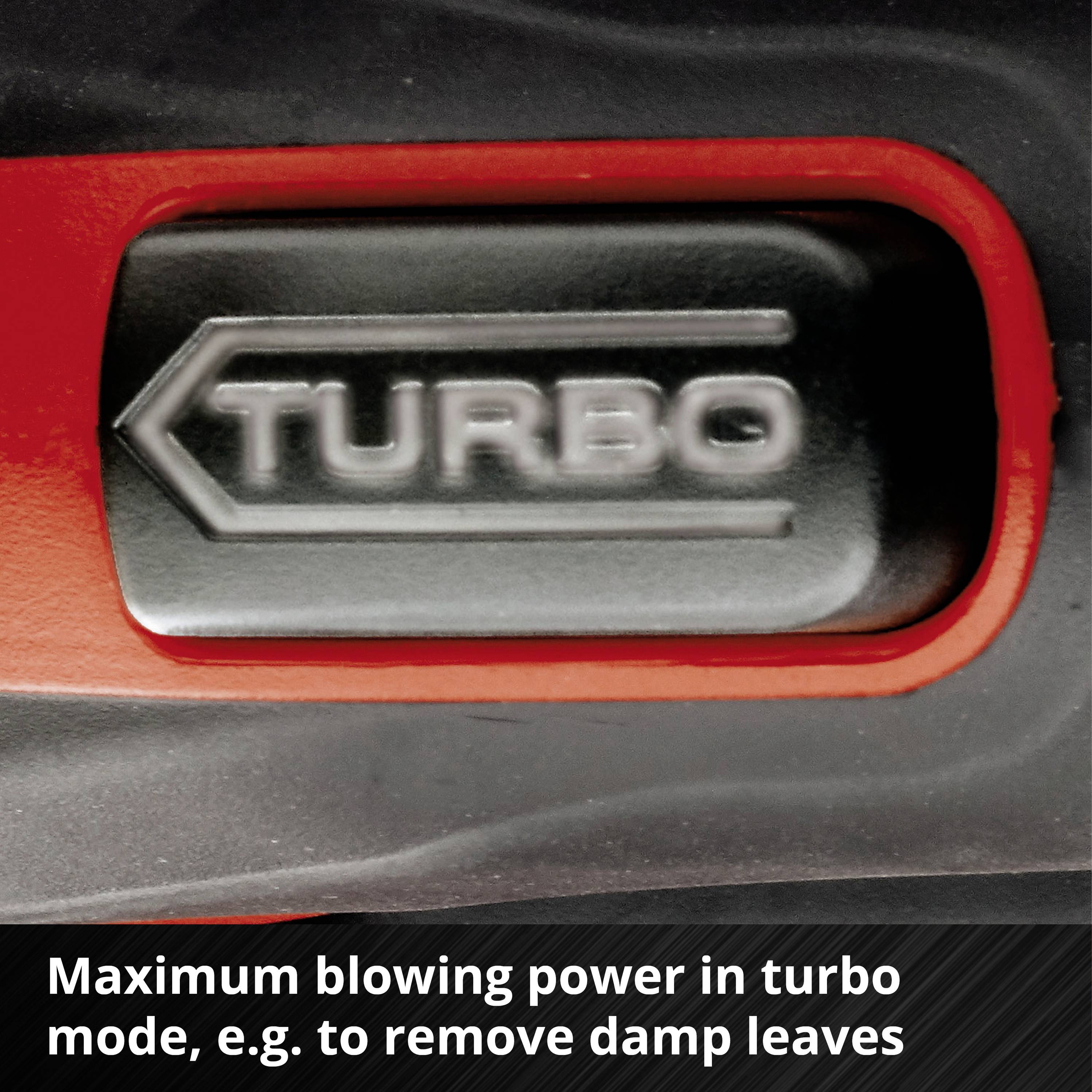 'TURBO' button on a red background. Text underneath: 'Maximum blowing power in turbo mode, for example to remove damp leaves'.