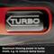 'TURBO' button on a red background. Text underneath: 'Maximum blowing power in turbo mode, for example to remove damp leaves'.