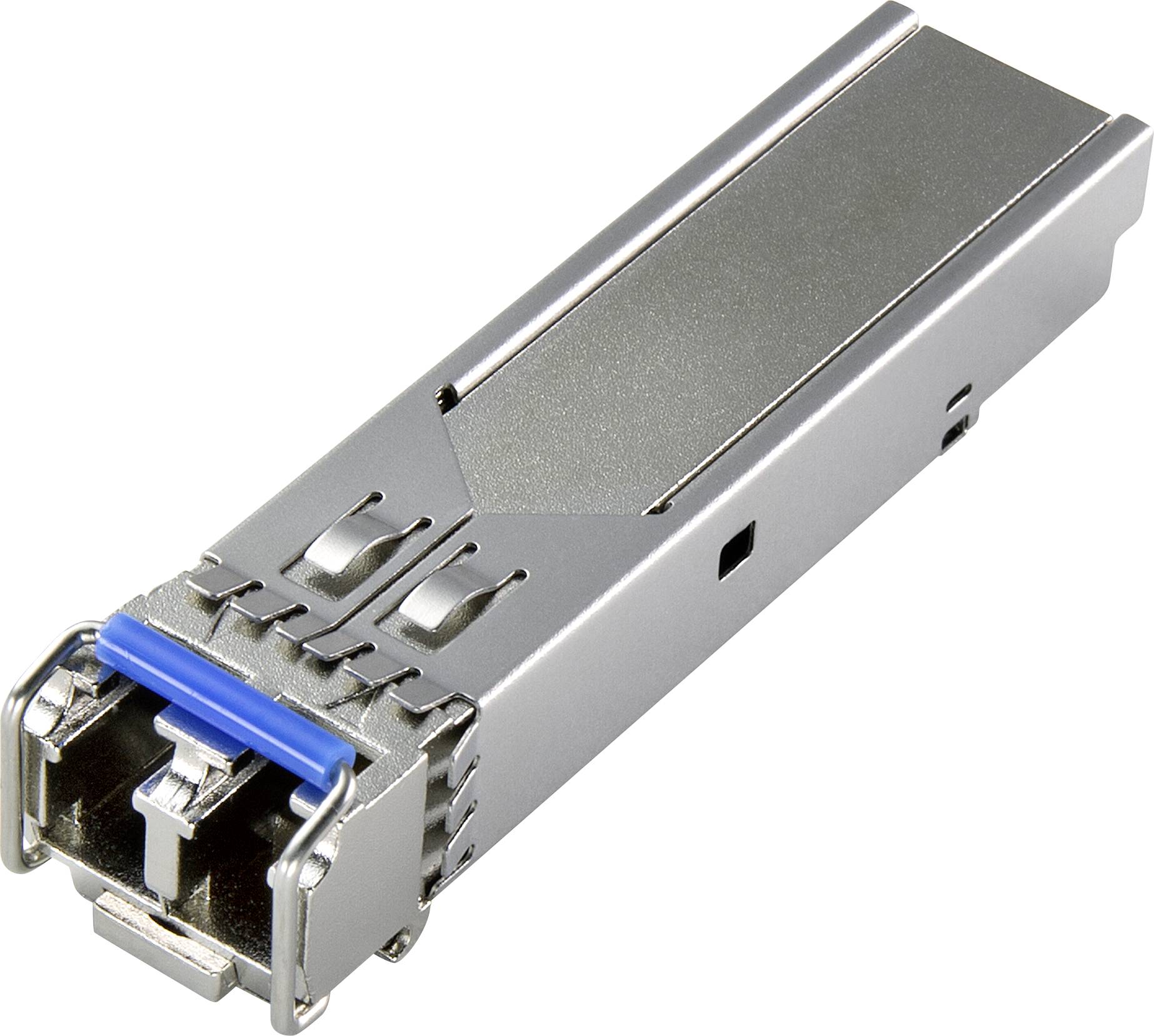 A silver SFP module transceiver used in network devices for optical signal processing.