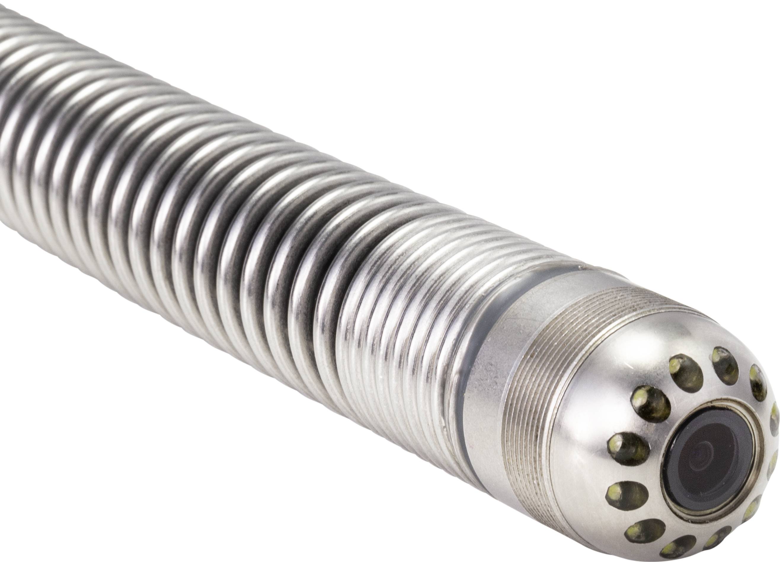 A silver tube camera with a cylindrical, spiral design, with a lens and multiple sensors located at one end.