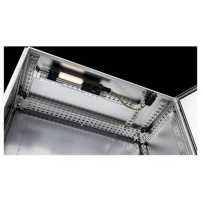 An open metal cabinet with an installed light fitting and wiring inside. Ideal for technical or industrial environments.
