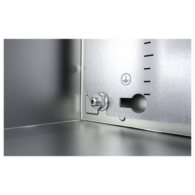 Housing with earthing symbol and screw, showing a robust metal construction, suitable for electrical installations.