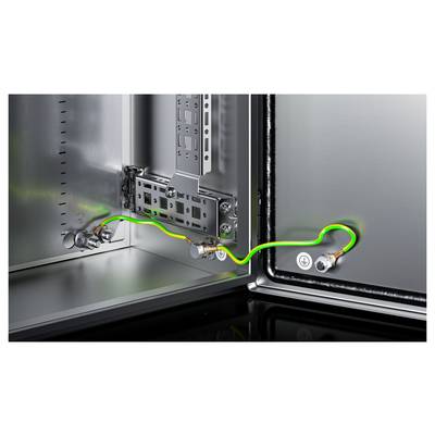 'Pictured is the interior of an electrical cabinet with earthed cabling. The green and yellow cables are visibly connected.'
