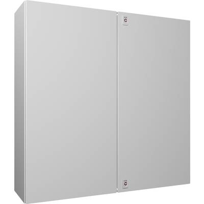 Grey metal electrical cabinet with two doors and handles, suitable for industrial applications or electrical installations.