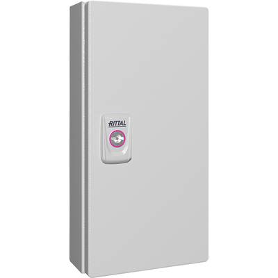 Grey electrical cabinet with a Rittal logo on the handle. The cabinet is closed and standing vertically.