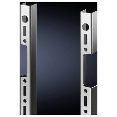 Two vertical, silver metal profiles against a dark background with geometric shapes cut out of each profile.