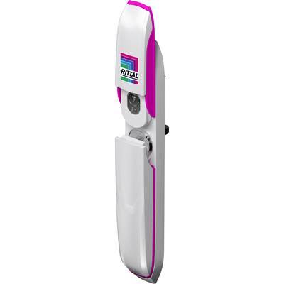 A modern, white door handle with magenta accents, integrated keyhole, and company logo. Primarily for security purposes.