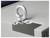 A silver steel hook is attached to a grey metal device. The hook has a round loop and is intended for securing purposes.
