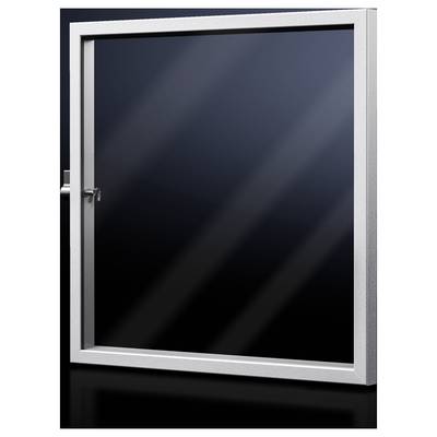 Transparent glass door with a silver frame against a dark background. A door handle is located on the left side.