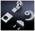 Metal Lock Accessories: A lock cylinder, two screws and three mounting components in various shapes on a black background.