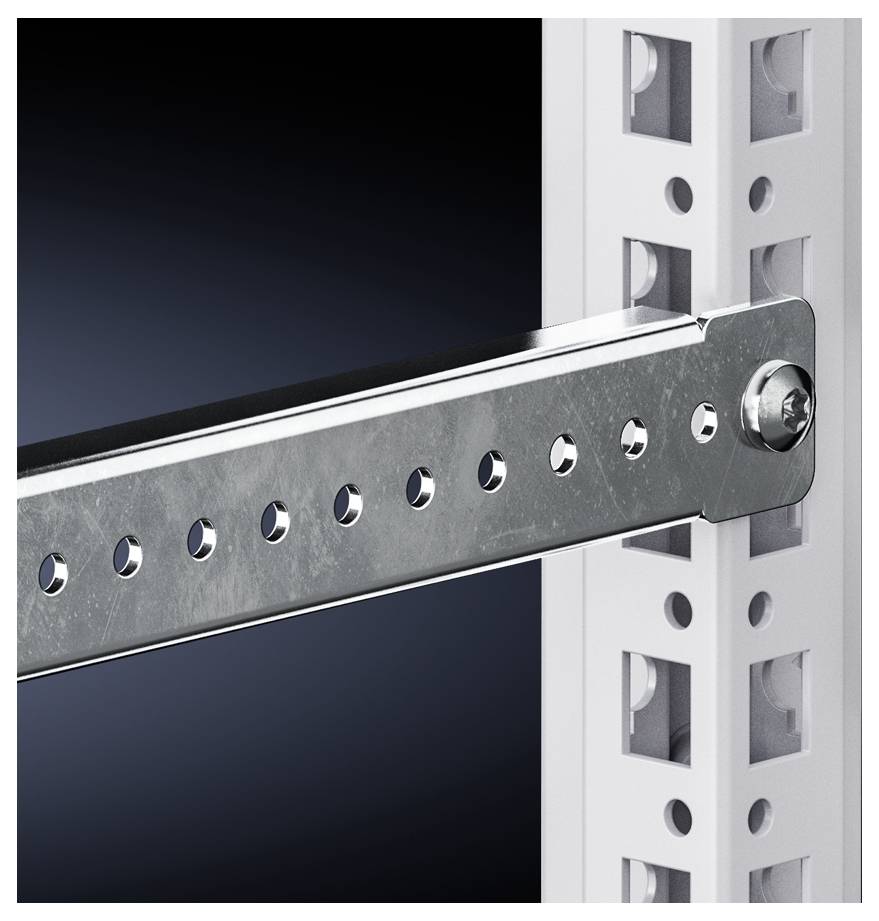 A metallic fastening element connects two perforated rods, against a dark background, demonstrating industrial connection technology.