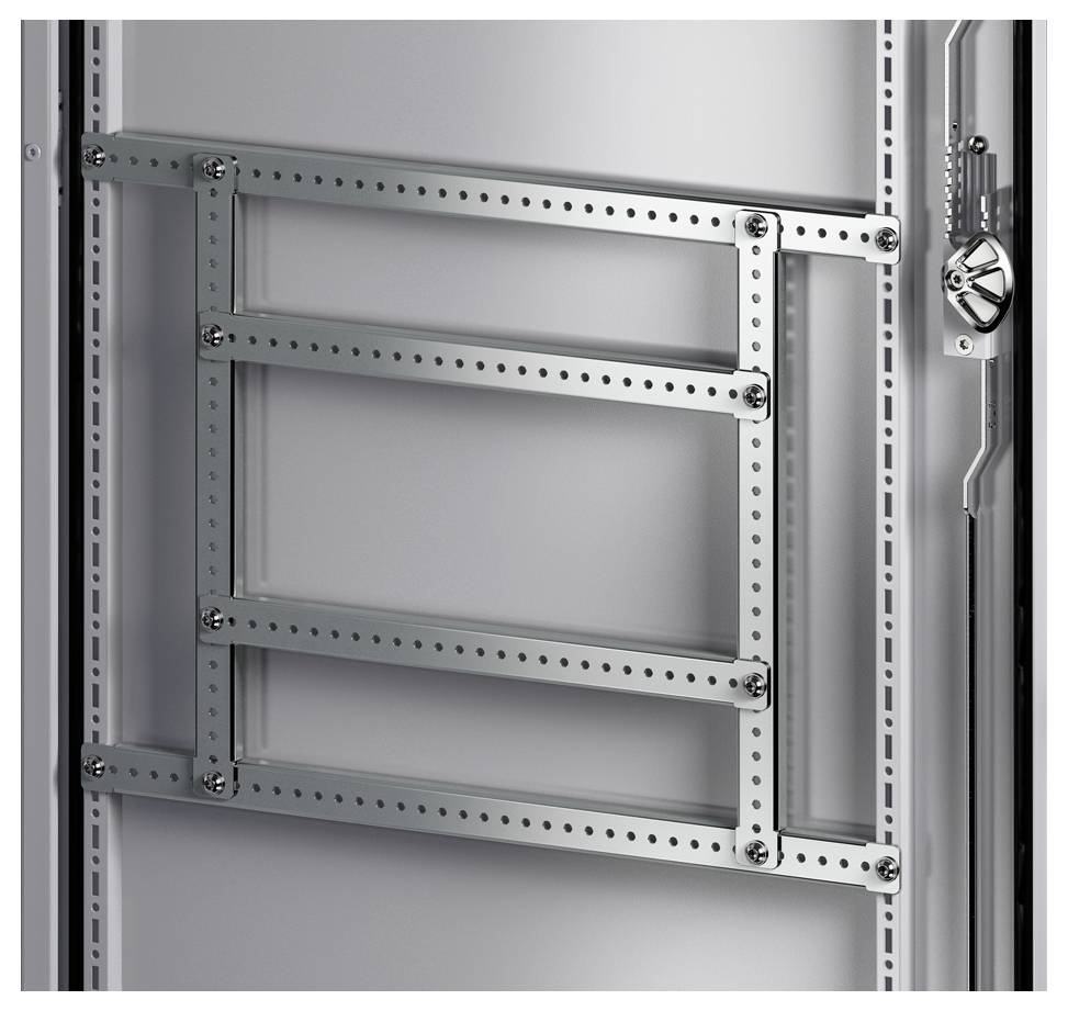 Metal rails with perforated holes in an enclosure, enabling flexible mounting or positioning of components.
