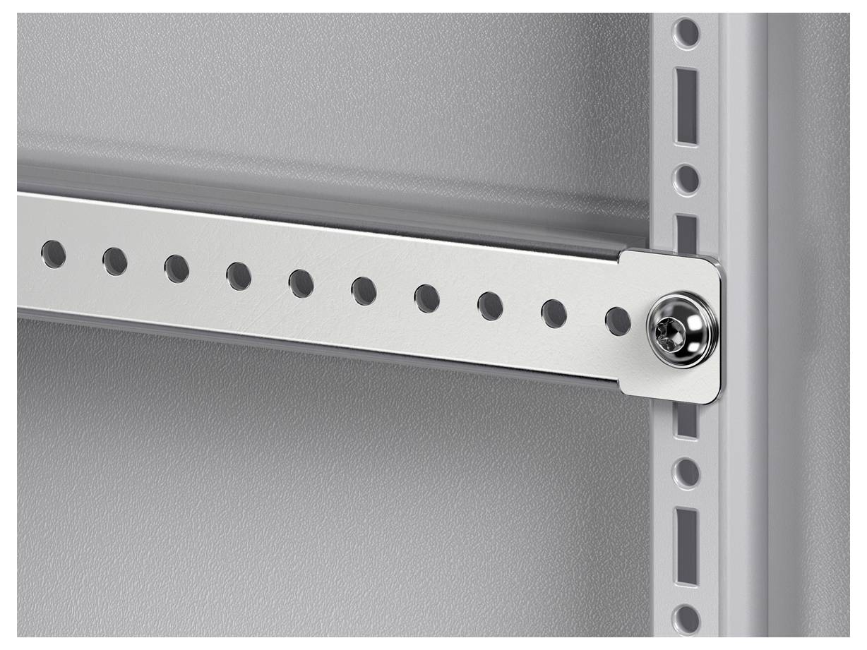 Metal rail secured with screws to a perforated metal frame.