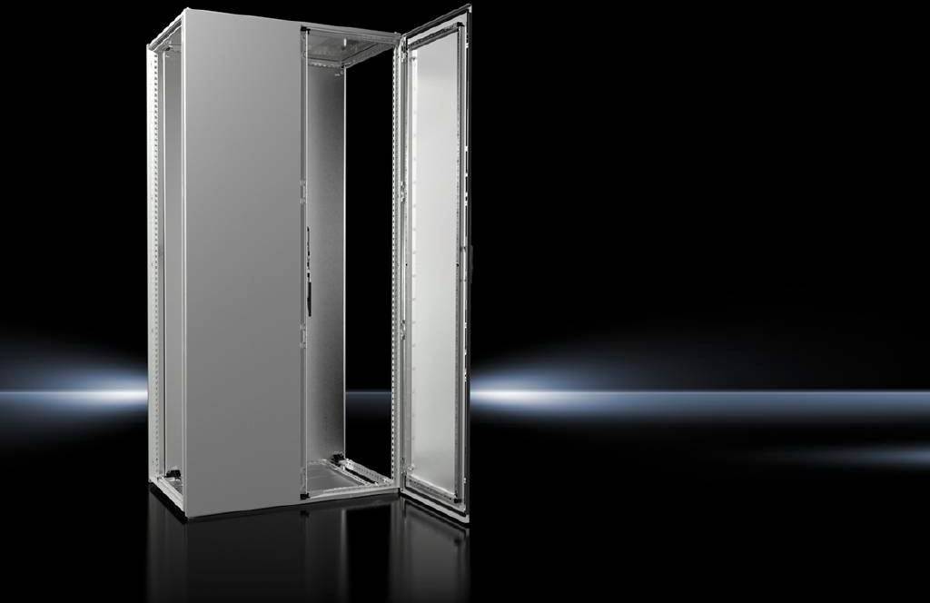 Silver-grey server cabinet with an open door against a black background, revealing its interior and frame structure.