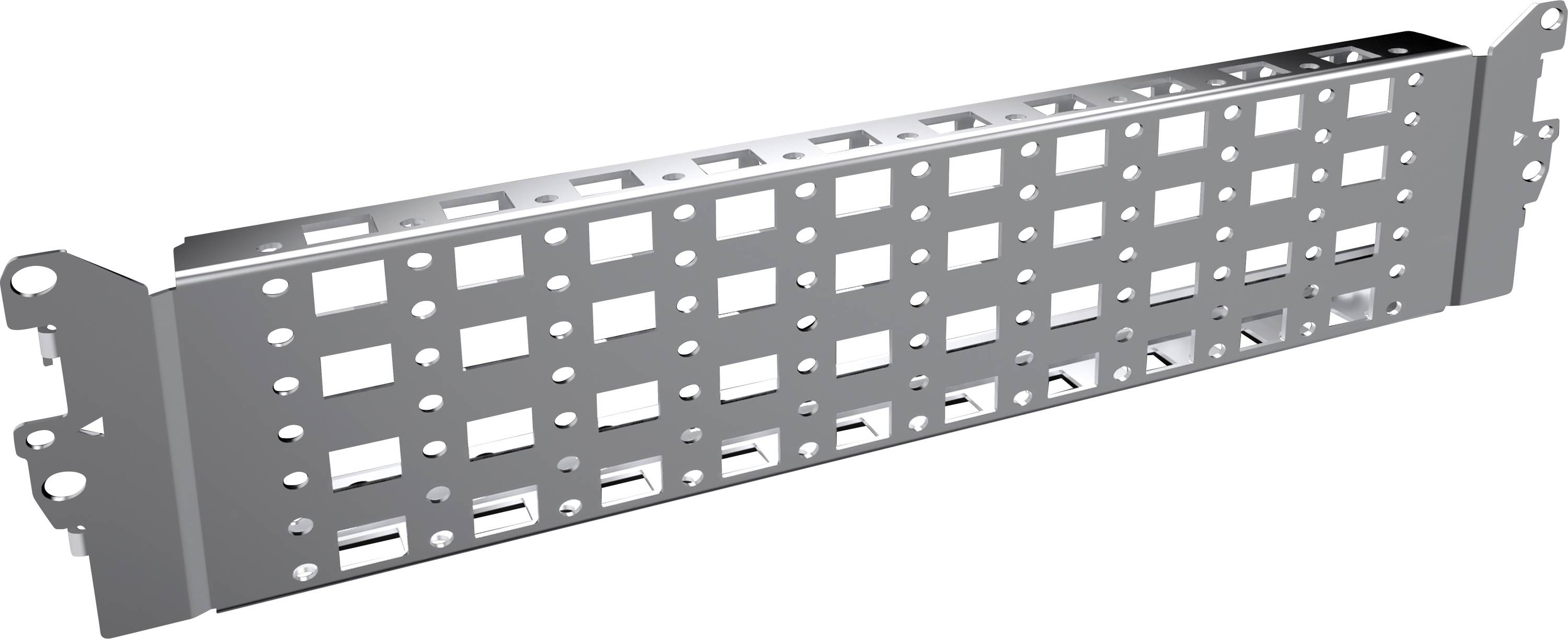 Metal grid plate with rectangular cut-outs, suitable for mounting technical components in an electrical cabinet.
