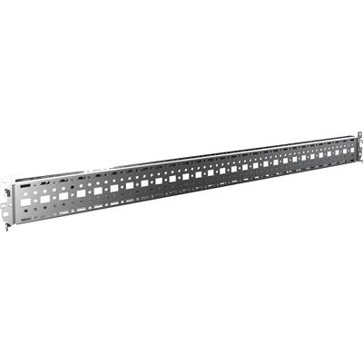 Metal rail with uniform rectangular perforations along its entire length, used for mounting electrical or mechanical components.