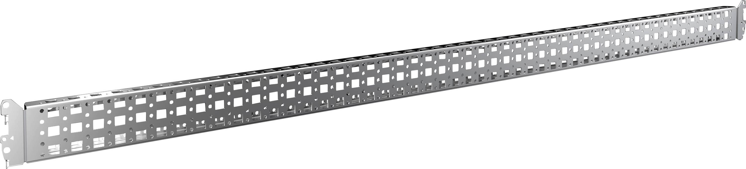 Metal rail with square and rectangular holes, likely for fixing or mounting in technical applications.