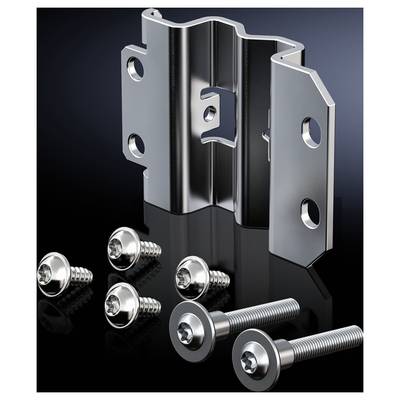 A set of metallic mounting brackets with eight screws on a black background, suitable for mounting applications.