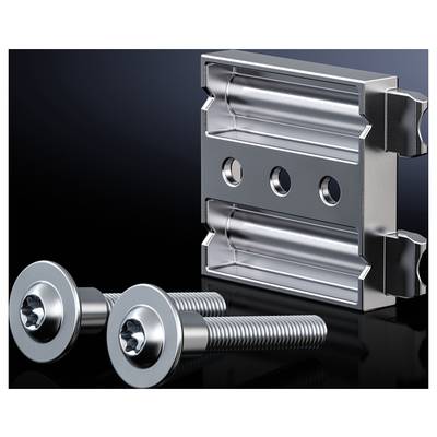 Two metal screws in front of a rectangular metal bracket with three holes, on a black background.