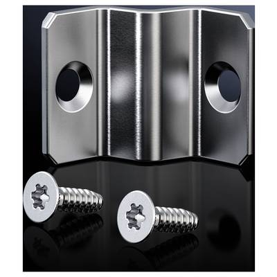 Metal angle bracket with two holes, accompanied by two matching screws. Shown on a glossy black background.