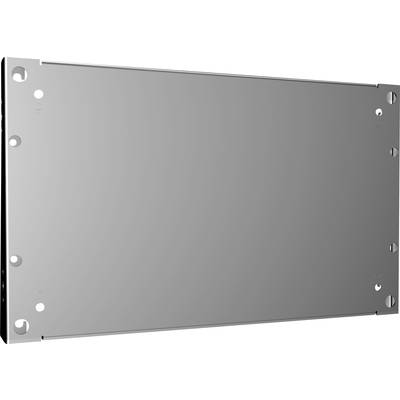 A rectangular, silver metal plate with rounded corners and several drill holes along the edges.