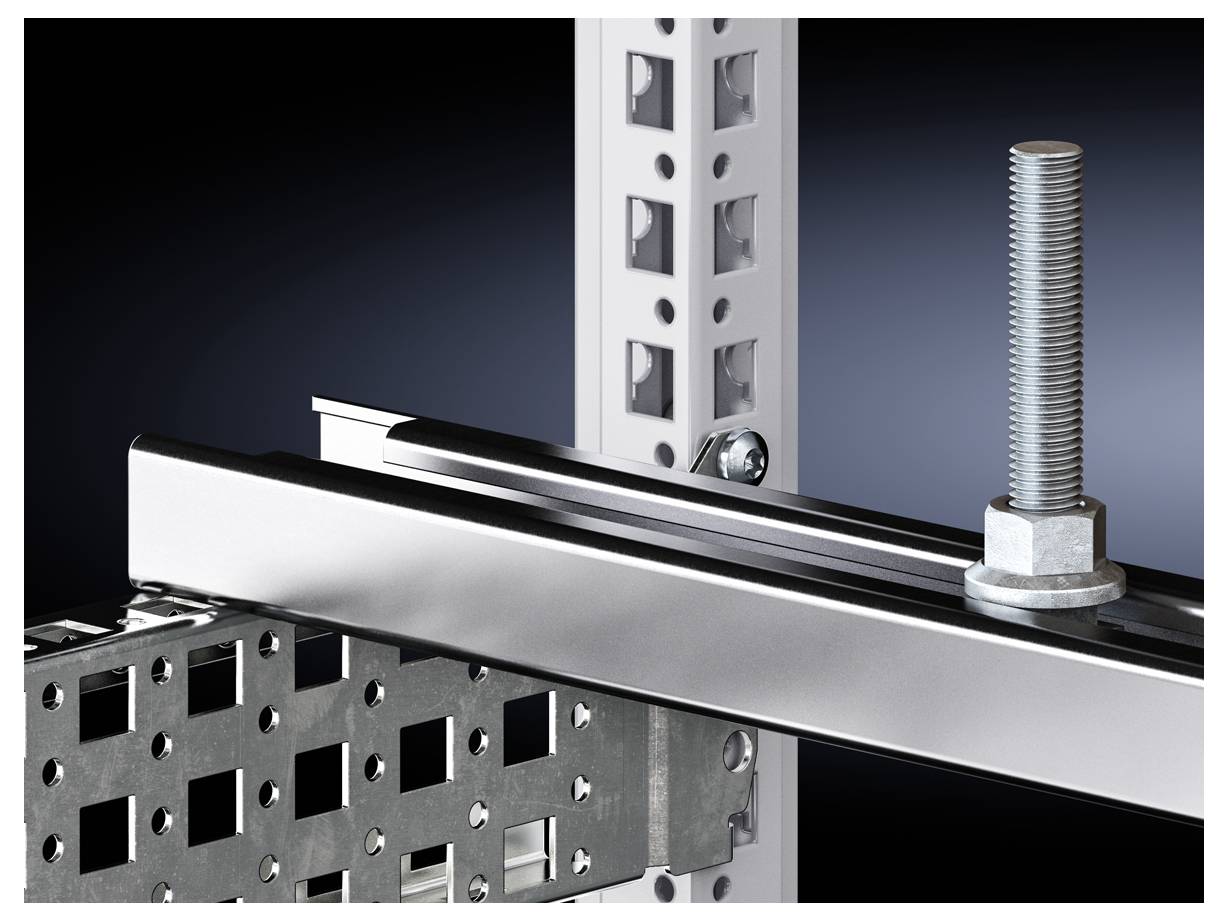 Steel construction system: Two profile carriers with square hole patterns; connected by a large bolt, against a dark background.