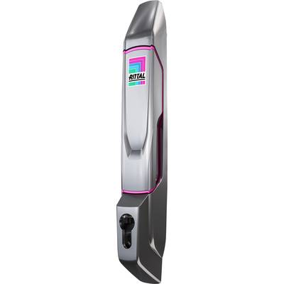 Anthracite-coloured door handle with logo.