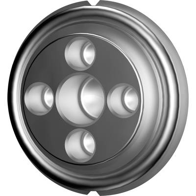Metal disc with five engraved, geometrical shapes, symmetrically arranged.