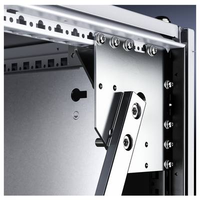 Close-up of a metallic hinge in an electronic device or housing, showing robust construction and precision.