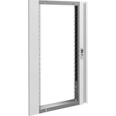 An open white metal cabinet frame with a visible internal compartment, suitable for mounting electrical equipment or network technology.