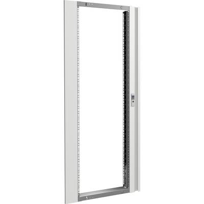 A white, open doorframe with a rectangular shape and vertical rails on both sides.