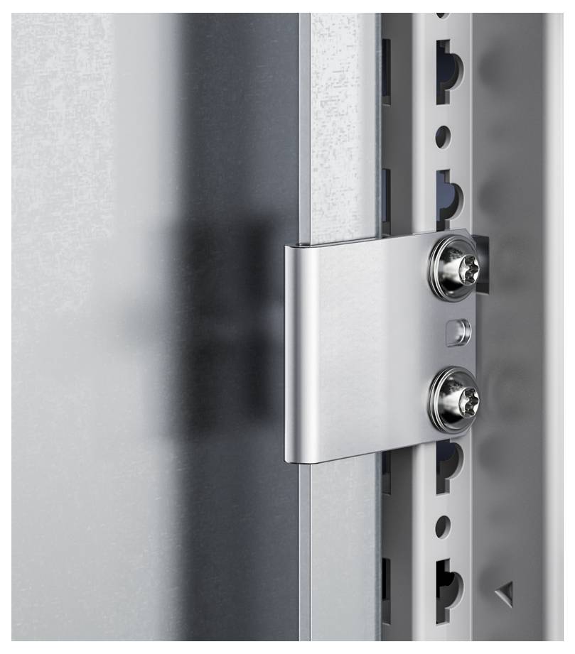 'Metal connector mounted with two screws on a vertical metal rail, demonstrates a secure fixing solution for construction projects.'